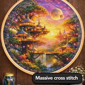 Cross Stitch Pattern - Treetop City Sunset with Dual Moons - Instant Digital Download - Huge 350x350