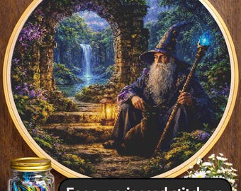 Cross Stitch Pattern - Wizard and Cat, Mystic Ruins - Instant Digital Download