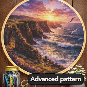 Cross Stitch Pattern - Irish Cliffs, Ruined Wall at Sunset - Instant Digital Download