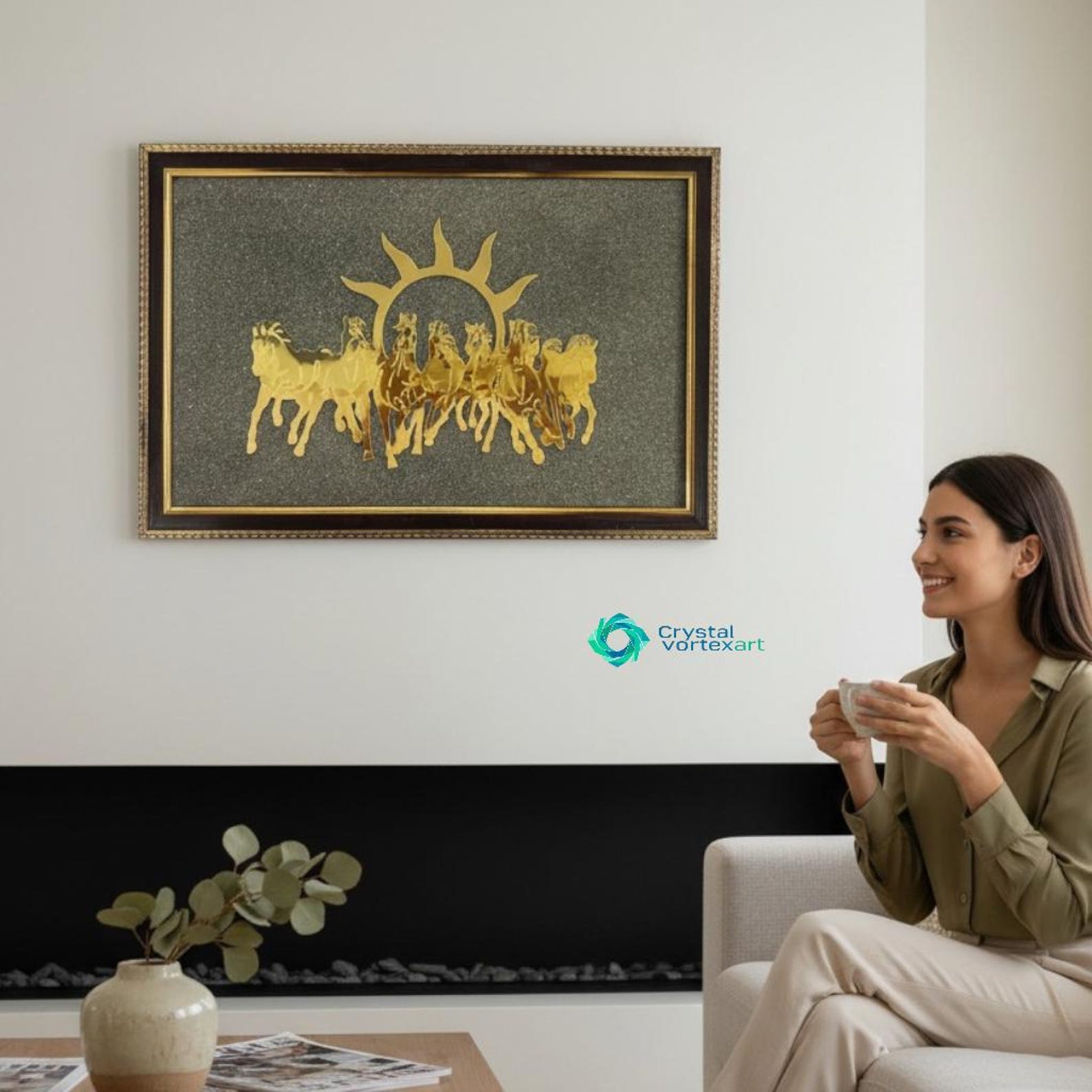 7 Horses Pyrite Frame Vastu Showpiece, Wealth Luck Success Decor (12x18 ...