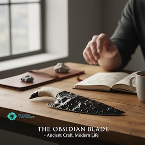 Puede incluir: Una hoja de obsidiana negra con una superficie texturizada y un mango envuelto. El texto "THE OBSIDIAN BLADE - Ancient Craft. Modern Life" está en la parte inferior de la imagen. La hoja está sobre una mesa de madera.