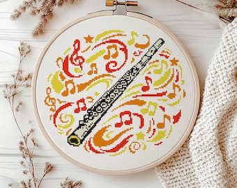 Flute Cross Stitch Pattern PDF, Modern Music Embroidery Project, Instant Download