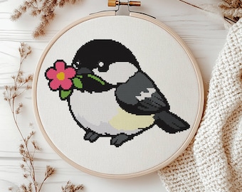 Chickadee with Pink Flower Cross Stitch Pattern (PDF Download)