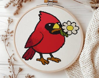 Cardinal Flower Cross Stitch Pattern, Bird Embroidery (PDF Download)
