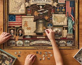 America 250th Anniversary Puzzle, Liberty Bell Patriotic Jigsaw, Vintage US History Collage