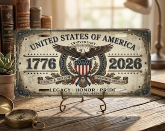 America 250 License Plate, 1776 2026 Patriotic Vanity Plate, Vintage USA Anniversary Car Tag