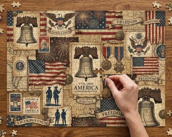 America 250 Jigsaw Puzzle, Vintage Patriotic USA 500-Piece Wood Puzzle