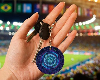Futuristischer Fußball Fußball Schlüsselanhänger, Neon Tech Sport Taschen Anhänger, Runder Metall Souvenir Schlüsselanhänger