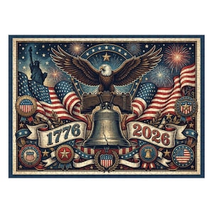 K&ouml;nnte beinhalten: Ein patriotisches Puzzle mit einem amerikanischen Wei&szlig;kopfseeadler, der Freiheitsglocke und amerikanischen Flaggen. Das Puzzle enth&auml;lt die Jahreszahlen 1776 und 2026, mit einem Sternenhimmel und Feuerwerk im Hintergrund. Der Rahmen ist dunkelblau.