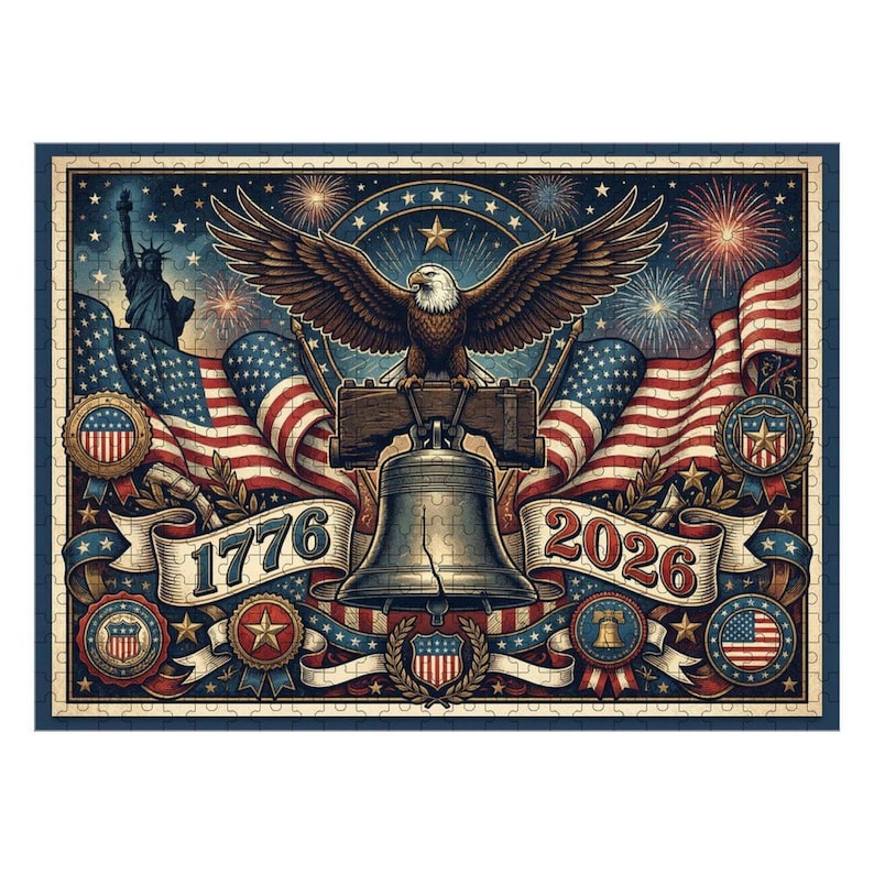 K&ouml;nnte beinhalten: Ein patriotisches Puzzle mit einem amerikanischen Wei&szlig;kopfseeadler, der Freiheitsglocke und amerikanischen Flaggen. Das Puzzle enth&auml;lt die Jahreszahlen 1776 und 2026, mit einem Sternenhimmel und Feuerwerk im Hintergrund. Der Rahmen ist dunkelblau.
