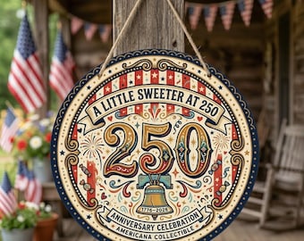 USA 250th Anniversary Round Wooden Sign, Patriotic Americana Collectible, Liberty Bell Decor