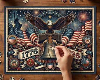 Patriotic 500 Piece Jigsaw Puzzle, Vintage Eagle Liberty Bell Art, USA Anniversary Wood Toy