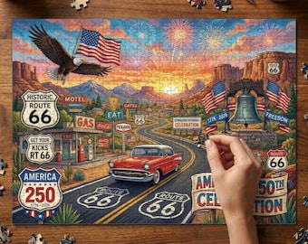 Route 66 500 Piece Puzzle, Vintage Road Trip, America 250th Anniversary, Patriotic Decor