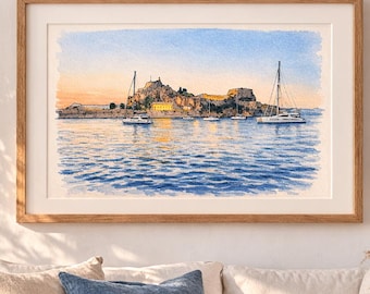 サントリーニ島 水彩画 ギリシャ オリジナル絵画 オーダーメイド 旅行