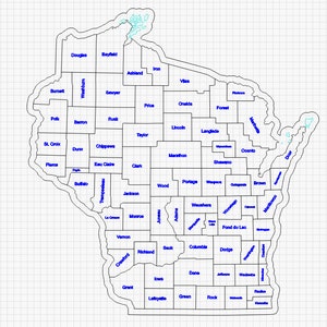May include: A detailed map of Wisconsin, USA, with each county outlined and labeled in blue text. The map is set against a light grid background, showcasing the state's geographical divisions.