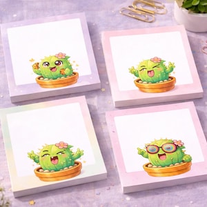 May include: Four square notepads with a cartoon cactus illustration. Each notepad features a different cactus character with a happy expression, in a terracotta pot. The notepads have a pastel gradient background.