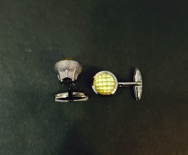 Solid 925 Sterling Silver Natural Gem Stone Lemon Quartz Kraboong Cufllinks For men and Women Fine Gem Stone Cufflinks