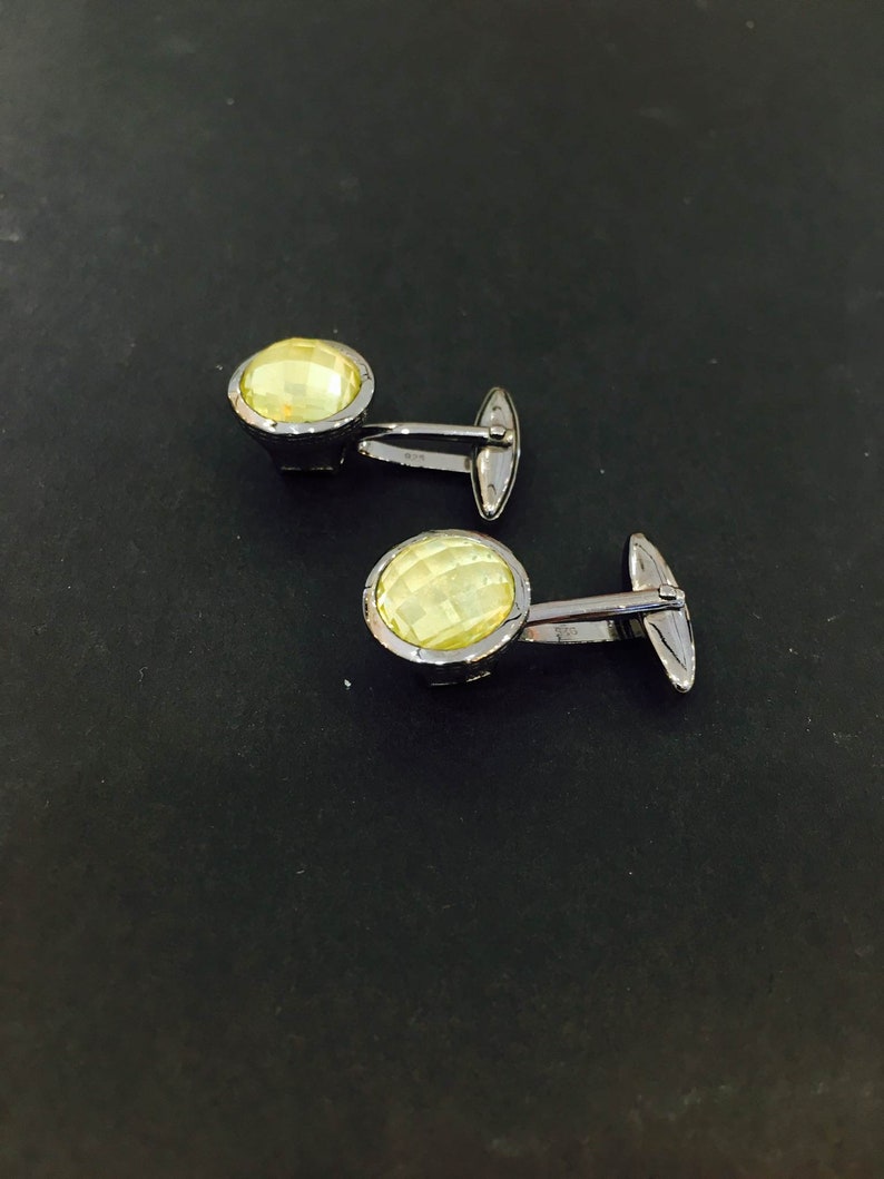 Solid 925 Sterling Silver Natural Gem Stone Lemon Quartz Kraboong Cufllinks For men and Women Fine Gem Stone Cufflinks