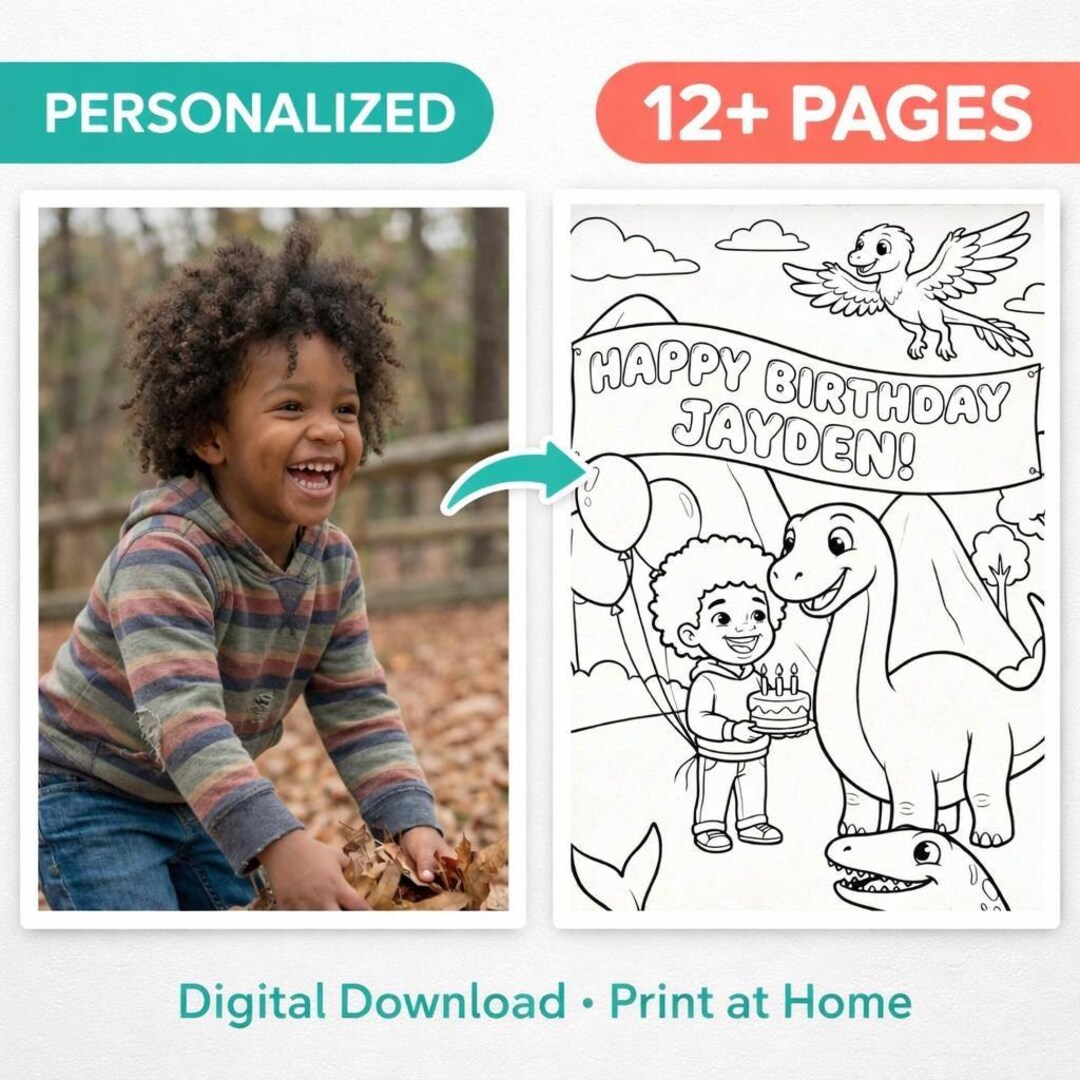 Custom Dinosaur Birthday Coloring Book From Photo – Personalized Kids ...
