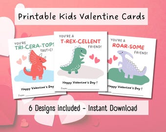 Printable Kids Valentines | Dinosaur Valentine Cards with Puns | Preschool & Classroom Cards | Instant Download