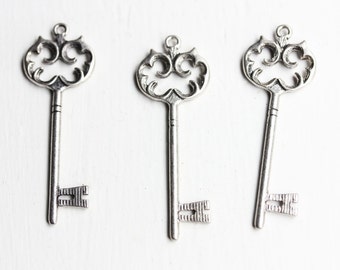 Silver Skeleton Key, Silver Key Charm, Key Charms, (3x)