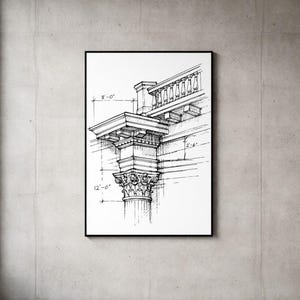 Può includere: Schizzo architettonico in bianco e nero di una colonna classica con ornamenti dettagliati. Il disegno include le dimensioni: 3,66 m di altezza e 2,44 m di larghezza. L'opera è incorniciata in una cornice nera.