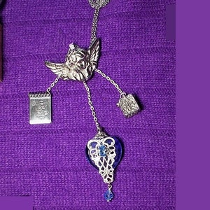 SALE Chatelaine Figural Cherub Brooch &quot;This is My Life&quot; Tiny Silver Journal, Blue Victorian Style Perfume Bottle, Scrolled Cube Box Si