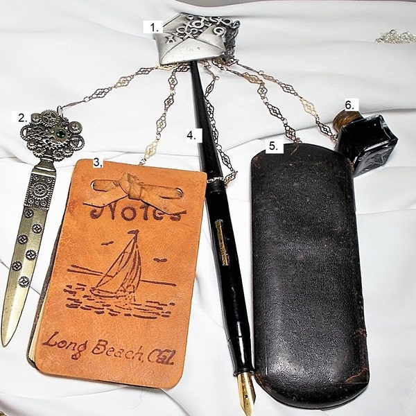 Large Victorian Pastime Letter Writing 1900+ CHATELAINE Leather 1900 Notepad, Quill, Ink, Pewter Envelope, Letter Opener, Spectacles & Case