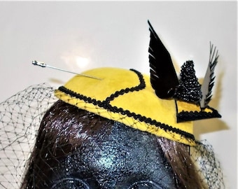 SALE Lady's Vintage Veil Hat Pin Possible Celluloid Bird Hat. Black Veil, Hat Pin Incl. Bird Optional, Sonni Label Mustard Yellow Felt Black