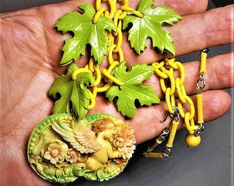 1930 Cherub in Flowers Celluloid on Celluloid Link Necklace w/ Figural Celluloid Green Leaves Vintage Pendant Pin Colorful Woodland Floral