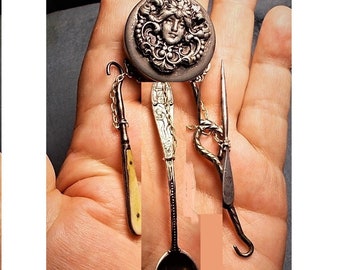 Small Antique Sterling Sewing Chatelaine Tin Pill Box Goddess Brooch w/ 925 Tools, Tiny Glove Hoo, Gold Mining Spoon, Button hook Stilletto