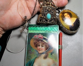 Large Victorian Pastime Letter Writing Antique Brass Belt CHATELAINE Cameo Pill Box Stamp Purse, 2 VICTORIAN BEAUTIESGibson Notepad Pencil,