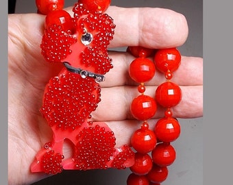 Antique Celluloid Dog Necklace, 1930 Large RED Standard ,Well-Groomed, Poodle w/ Large RED Bead 30" Necklace at Attention Dog Show OOAK