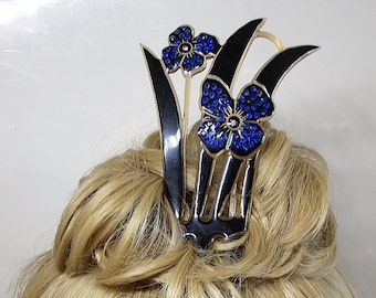 Antique Large 1920 Blue Rhinestone Asymmetrical  Hair Comb.  Antique Victorian Thick Colorful Celluloid Blue Rhinestones 6.5" Cured Flowers