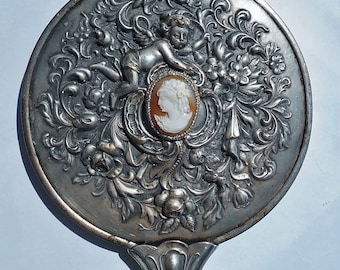 SALE VICTORIAN Repousse 1905 Hand MIRROR Silver Plate  Cherub, Flowers & Vintage Hand Carved Beautiful Shell Cameo w/ Tootsie Curls Ooak.