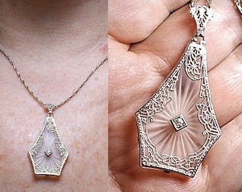 1920s Edwardian Camphor Glass Rhinestone Lavaliere Rhodium PLATED Etched Filigree Floral Pentagon Shape 19&quot; Silver Plate Double Bar Necklace