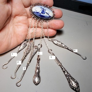 Small Antique Sterling Glove Hook Chatelaine Six 925 Tiny Ornate Glove Hooks YOUR CHOICE or ALL Dangling from Blue Porcelain Signed  Delft