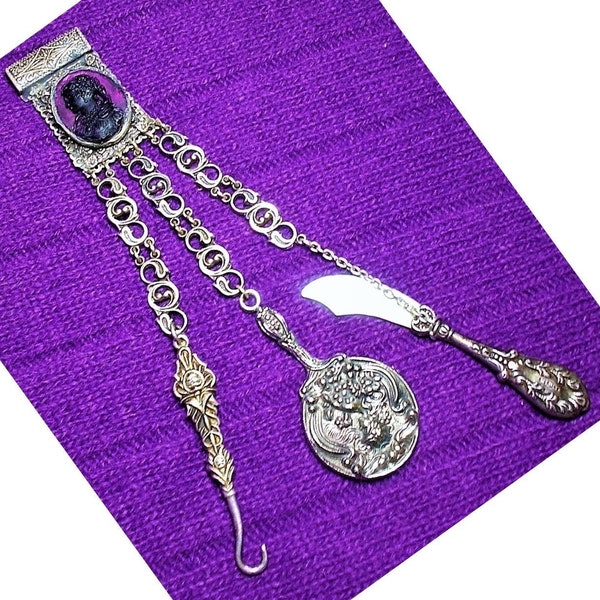 SALE 1910 Amethyst Glass Cameo Chatelaine S P, Sterling Leaves, Flowers,925 Cameo Mirror Dangling, Mop Caviar Knife, Glove Hook Brooch Neckl