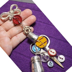 Sewing 1930 Rhinestone Bow Brooch Chatelaine Dangling Buttons, Thimble, Thread, Needle Shaker, Scissors, Everything Needed for Buttons OOAK