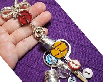 Sewing 1930 Rhinestone Bow Brooch Chatelaine Dangling Buttons, Thimble, Thread, Needle Shaker, Scissors, Everything Needed for Buttons OOAK