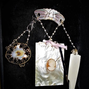 Victorian Pastime Letter Writing CHATELAINE Mother of Pearl Cameo Notepad, Colorful MOP Purse, Letter Opener, Working Mechanical Pencil.