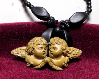 Dainty Lava Cherubs Necklace Late 1800s Hand Carved High Relief w/ Wings, Affection Dangling on 100+ Yr Old Black Jet Adj. 19" Necklace OOAK