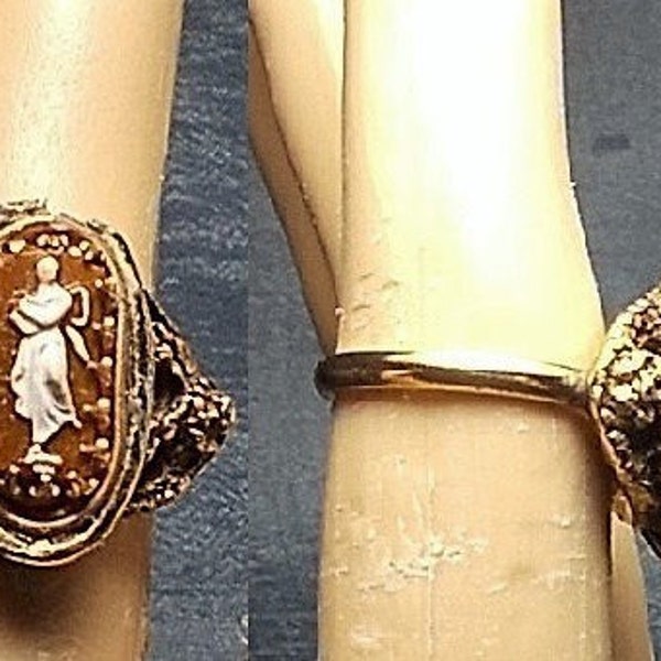 Hand Painted Shell Cameo RING Vintage Pot Metal Ring Adjustable 6-8 Tiny Full Figure Profile Hand Carved Cameo in Brass Prongs .  Only 39.90