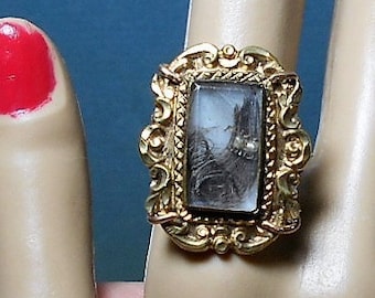 Victoriaanse rouw haar RING In CurliCues w / Seed Pearls onder 1 1/4" zware goud glasplaat, Memorial Keepsake goede conditie OOAK 282.90
