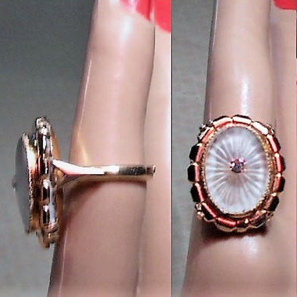 SALE Reproduction Camphor Glass Ring Marked Gold Filled Adjustable.  Rhinestone  Accent.   Only 69.90 One of A Kind.