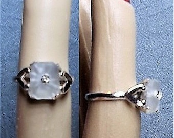 1 1960s Tiny Camphor Glass Ring Marked Uncas, Silver Plated Split Shank, Vintage Camphor Glass with Rhinestone, Size 4 3/4. Only 99.90 OOAK