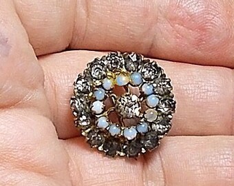 Blue and Opal Glass Rhinestone Small Midcentury Circle Brooch
