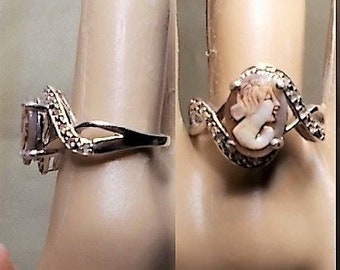 SALE Dainty Shell Cameo Rhinestone Ring "TGGC" Ornate 14 Rhinestone 925 Ring Size 8, 5/8" Hand Carved Vintage Cameo 925 One of a Kind! 29.90