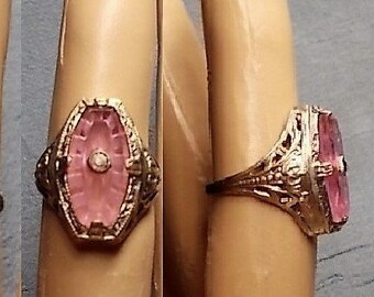 SALE Antique Pink Camphor Glass Ring, Edwardian Etched Open Work Rhodium PlatedTiny Rhinestone, Size 4 1/2 Very Pretty 19.90
