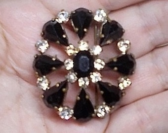 SALE 1930s Black Jet Rhinestone Pin Domed Brass Sparkling Shiny 1 3/4" GORGEOUS Brooch. Brooch to Pendant Converter Avail  "Made in Germany"